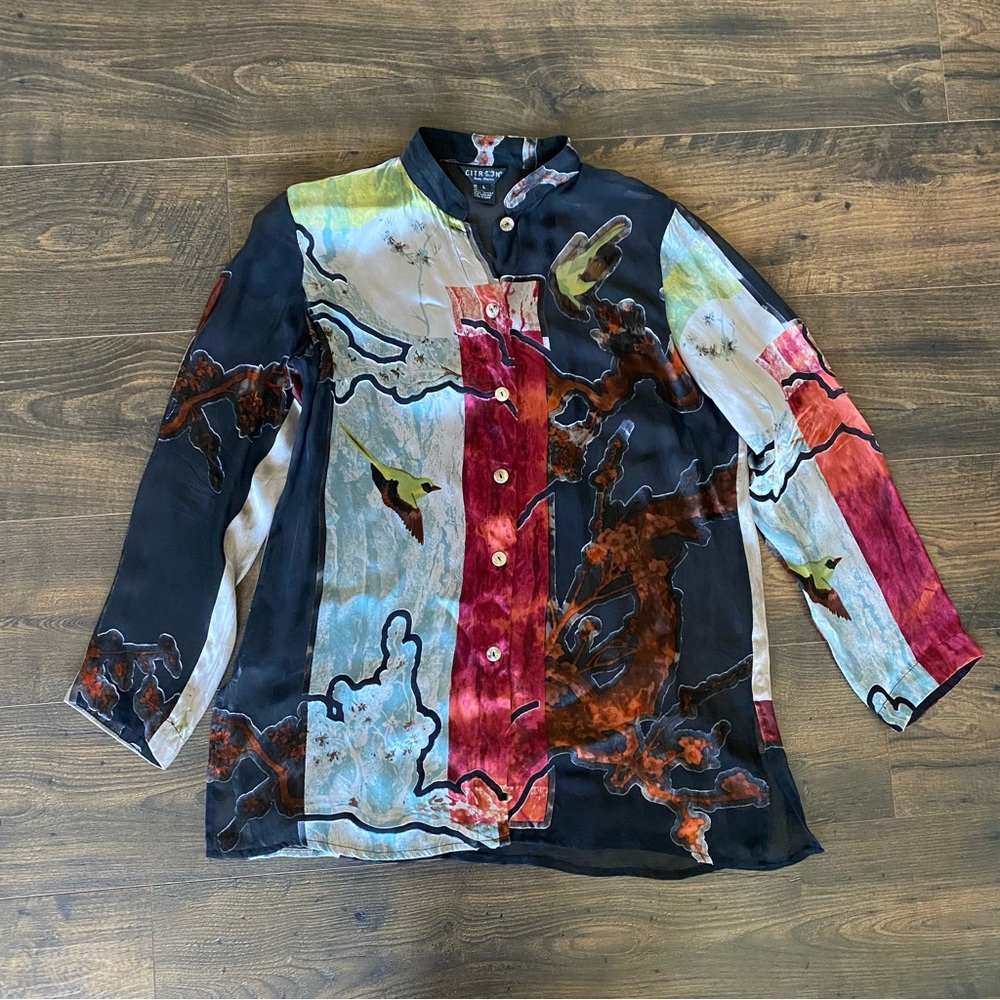 Citron Santa Monica Abstract Floral Silk Button Down Tunic Blouse Size Large